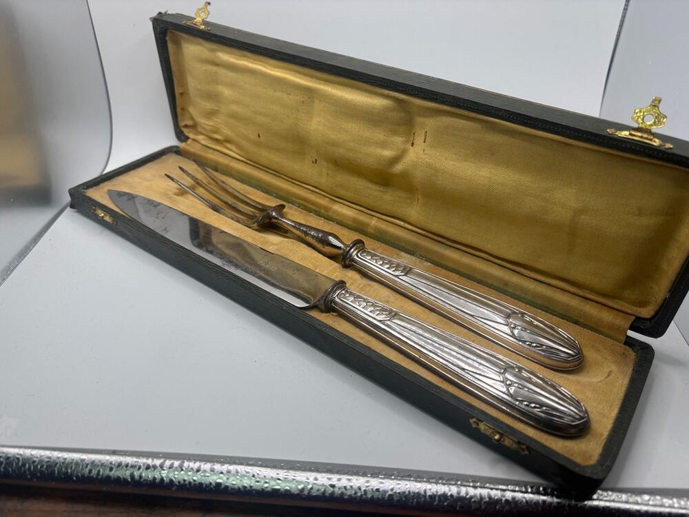 ANTIQUE FRENCH SILVER ROAST CARVING SET Charles Murat CATTAILS BOX .950
